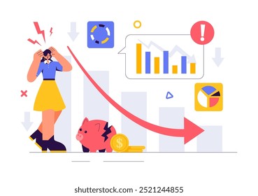 Financial Crisis Vector Illustration of Bankruptcy, Economic Collapse, and Cost Reduction with a Down Arrow in a Flat Style Cartoon Background