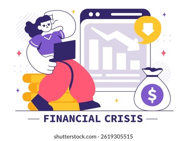 Finanzkrisen-Vektorgrafik mit den Konzepten Bankrott, Wirtschaftskollaps und Kostenreduzierung mit einem Abwärtspfeil im Hintergrund