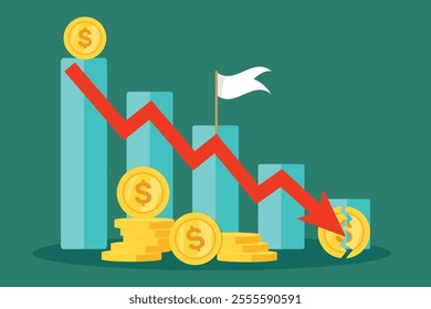 Financial crisis vector illustration with red arrow, broken coin, concept of recession, inflation, currency depreciation, market crash, bankruptcy, budget deficit, stock crisis, and economic downturn.