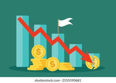 Financial crisis vector illustration with red arrow, broken coin, concept of recession, inflation, currency depreciation, market crash, bankruptcy, budget deficit, stock crisis, and economic downturn.