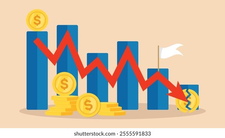 Financial crisis vector illustration with red arrow, broken coin, concept of recession, inflation, currency depreciation, market crash, bankruptcy, budget deficit, stock crisis, and economic downturn.