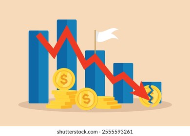 Financial crisis vector illustration with red arrow, broken coin, concept of recession, inflation, currency depreciation, market crash, bankruptcy, budget deficit, stock crisis, and economic downturn.