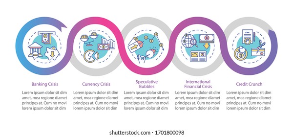 Financial crisis vector infographic template. Different economic problems presentation design elements. Data visualization with five steps. Process timeline chart. Workflow layout with linear icons