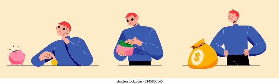 Financial crisis or wealth, family budget, bankruptcy and savings concept. Sad man with broken piggy bank, happy male character counting money in wallet, Cartoon line art flat vector illustration