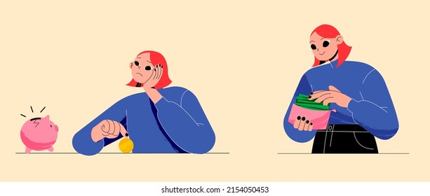 Financial crisis or wealth, family budget, bankruptcy and savings concept. Sad woman with coin and broken piggy bank, happy girl counting money income in wallet, Line art flat vector illustration