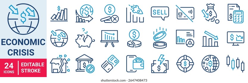 Financial Crisis web line icon collection. Economic downturn, stock marker cash, financial meltdown, recession, credit crunch.