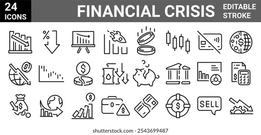 Iconos de línea de Web de crisis financiera. Crisis económica. Disminuir, cesantías, despido de trabajo, recortes salariales, Bajo costo, colección. Ilustración vectorial.