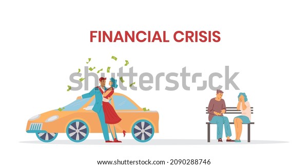Financial crisis and widening\
social divide banner with rich and poor couples, flat vector\
illustration. Financial and economic problems and crisis in\
society.