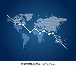 Financial crisis in the world, a downward graph with the world map in background