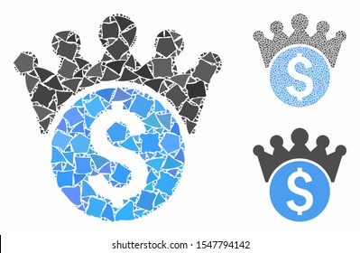 Financial crown mosaic of rough pieces in different sizes and color tinges, based on financial crown icon. Vector uneven elements are grouped into mosaic.