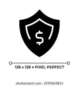 Financial cushion pixel perfect black glyph icon. Savings account. Economical security, insurance. Shield, protection. Silhouette symbol on white space. Solid pictogram. Vector isolated illustration