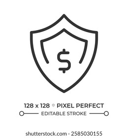 Financial cushion pixel perfect linear icon. Savings account. Economical security, insurance. Shield, protection. Thin line illustration. Contour symbol. Vector outline drawing. Editable stroke