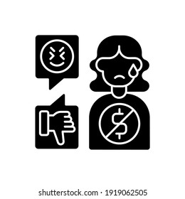 Financial Cyberbullying Black Glyph Icon. Bullying Woman With No Money. Abusive Relationship. Offensive Comment, Hate Speech. Silhouette Symbol On White Space. Vector Isolated Illustration