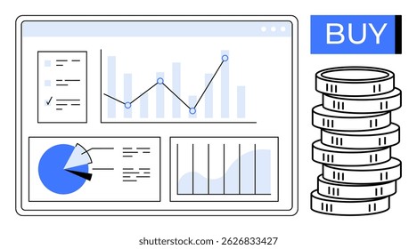 Financial dashboard featuring bar, line, and pie charts, alongside a coin stack and BUY button. Ideal for investment, stock market, financial planning, business analysis, budgeting, trading, data