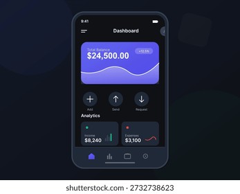Ein Finanzdashboard auf einem mobilen Gerät zeigt den Gesamtsaldo, den Ertrag und die Ausgaben an. Die App bietet einen klaren Überblick über Finanzdaten und Analysen für Nutzer.