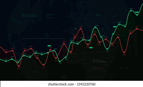 Financial dashboard, report from business analytics on the background of the political world map, exchanges and brokerage futuristic systems vector illustration