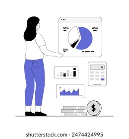 Financial data analysis, analytics, calculation concept. Woman analyzes graphs, charts, dashboard, counting money. Vector illustration with line people for web design.	
