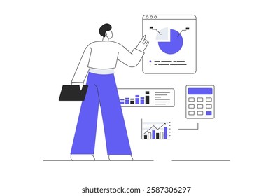 Financial data analysis, analytics, calculation concept. Character Man analyzes graphs, charts, dashboard, counting money. Flat Cartoon Vector Illustration, icon. Stylish abstract