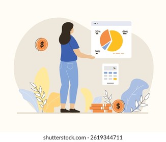 Financial data analysis, analytics, calculation concept. Woman analyzes graphs, charts, dashboard, counting money. Flat vector illustration.	

