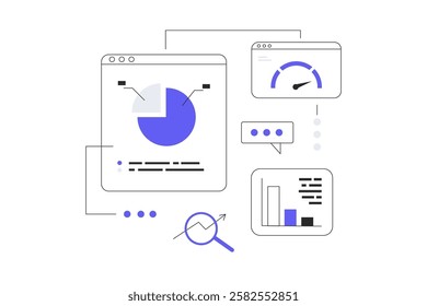 Financial data analysis, analytics concept. Analysis graphs, charts, business dashboard, prepares a report. Flat Cartoon Vector Illustration, icon. Stylish abstract 