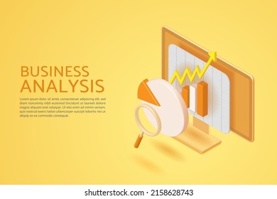 Financial data analysis and business growth with pie chart and bar graph on computer screen with magnifying glass on yellow background.. 3D isometric vector illustration