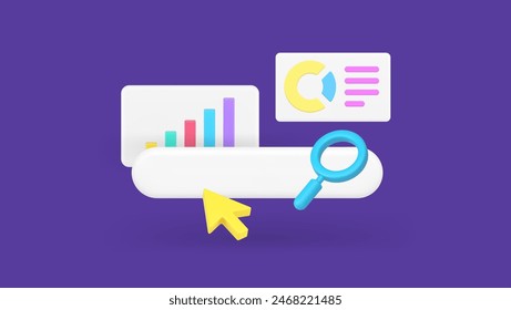 Análisis de datos financieros gráfico de crecimiento de negocio informe de información de búsqueda icono 3d Ilustración vectorial realista. Proceso de investigación de proyecto de diagrama de control de gestión estadística de análisis comercial