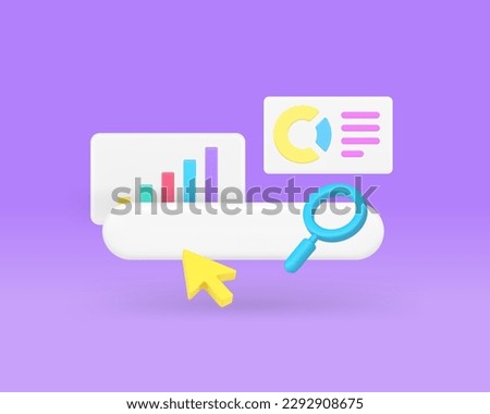 Financial data analysis business growth chart graph search information report 3d icon realistic vector illustration. Commercial analyzing statistic management control diagram project research process