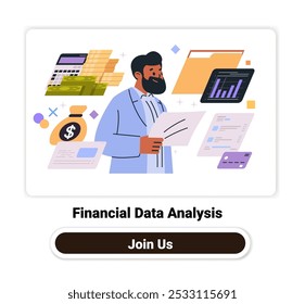 Financial data analysis businessman reviewing documents charts graphs money calculator folders credit card