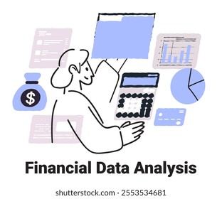 Financial data analysis concept with charts calculator money bag and person analyzing reports in minimalist hand drawn style for website or app template