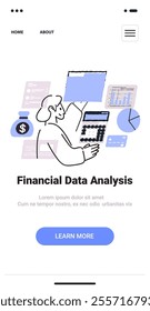 Financial data analysis concept person using calculator charts graphs money bag minimalist thin line design mobile app screen