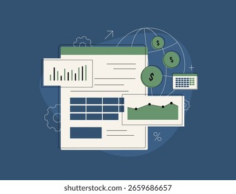 Análise de dados financeiros com gerenciamento de moeda global, relatório de planilha, métricas de crescimento dos negócios. Ilustração de vetor de painel de instrumentos de otimização de lucros e contabilidade de dados financeiros