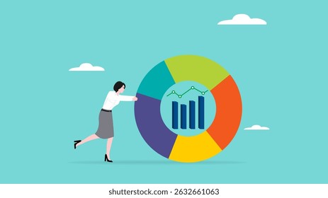 análise de dados financeiros, ganho de crescimento com gráfico de dados e gráfico, análise de investimento, empresária empurrar gráficos de crescimento e gráficos para fazer business growth vetor ilustração com estilo de design plano