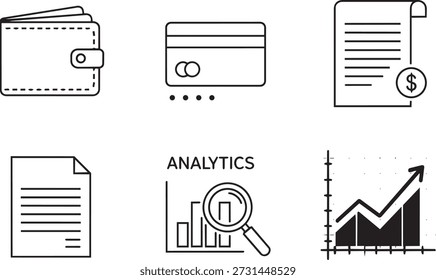 Conjunto de iconos de análisis de datos financieros con gráficos y documentos