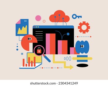 Financial data analysis illustration set. 
Abstract geometric shapes, cute funny elements compositions in doodle style. Data and finance management concept. 