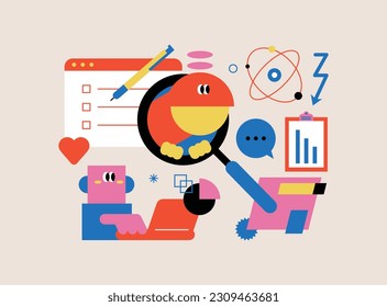 Conjunto de ilustraciones de análisis de datos financieros. 
Formas geométricas abstractas, elementos graciosos lindos composiciones en estilo doodle. Concepto de gestión de datos y finanzas. negocio de red.