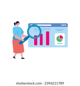 Conjunto de ilustraciones de análisis de datos financieros. Asesor con el cliente analizando informe financiero y calculando informe de impuestos. Concepto de gestión de datos y finanzas. Ilustración vectorial.