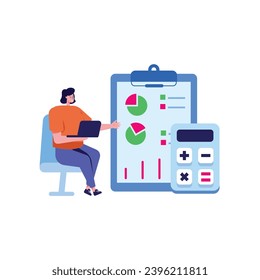 Financial data analysis illustration set. Advisor with client analyzing financial report and calculating tax report. Data and finance management concept. Vector illustration.