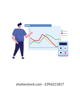 Financial data analysis illustration set. Advisor with client analyzing financial report and calculating tax report. Data and finance management concept. Vector illustration.