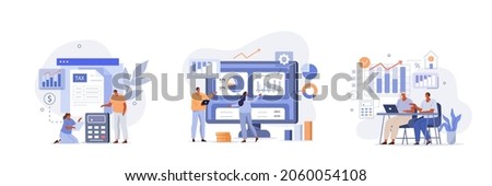 Financial data analysis illustration set. Advisor with client analyzing financial report and calculating tax report. Data and finance management concept. Vector illustration.