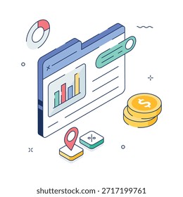 Análisis de datos financieros Ilustración isométrica con gráficos y monedas