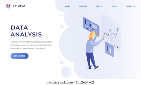 Financial data analysis landing page concept. Man standing at screen with charts and diagrams isometric flat style vector illustration