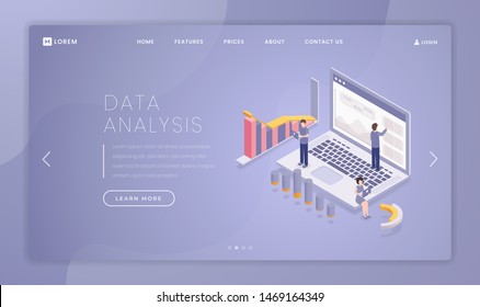 Financial data analysis landing page template. Stock market trading website homepage interface idea with isometric illustrations. Professional business research web banner, webpage cartoon concept