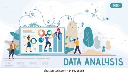 Financial Data Analysis, Marketing Strategy Planning Company, Online Service Flat Vector Web Banner, Landing Page. Business Company Team Working Together to Improve Financial Indicators Illustration