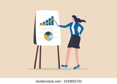 Financial Data Analysis Report, Statistic Or Economic Research Concept, Businesswoman Presenting Graph And Chart On Board In The Meeting.