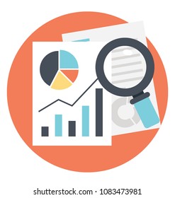 
Análise de dados financeiros sob lupa, ícone plano
