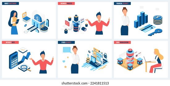 Financial data analysis and visualization process, cyber security for finance, interest rate and investment set vector illustration. Cartoon tiny people protect payment information with digital shield