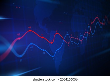 Financial data analytics graph. Business forecast, graphs on world map. Vector infographics with stock value, markets indexes fluctuations. Global economy, trade and investment info visualization