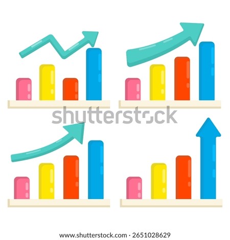Financial Data. Bar chart with uptrend and up arrow, negative or positive dynamic, Investment Growth and Decline. different icons, market or economic indicator.Business Trends.