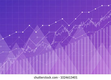 Financial data graph chart, vector illustration. Trendy ultra violet color, uptrend lines, columns, market economy information background. Growth company economic concept.