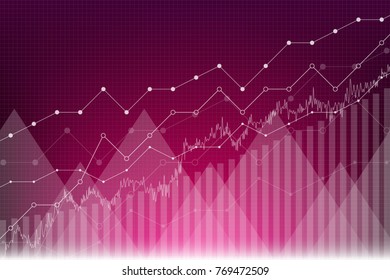 Financial data graph chart, vector illustration. Trend lines, diagram waves, trend bars, columns, market economy information background. Growth company economic concept on dark purple background.